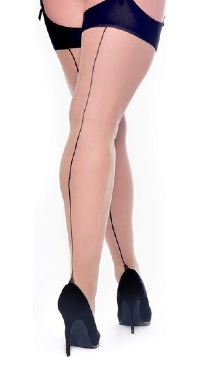 3208 Plus Sized Seamed Thigh High Suspender Stockings. Sheer with Black